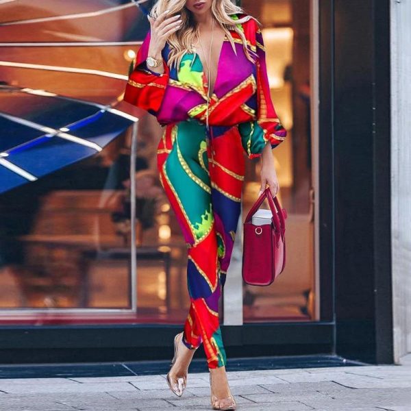 Colorblock print plunge casual jumpsuit For Women Autumn batwing sleeve rompers womens jumpsuit combinaison femme - Hplify