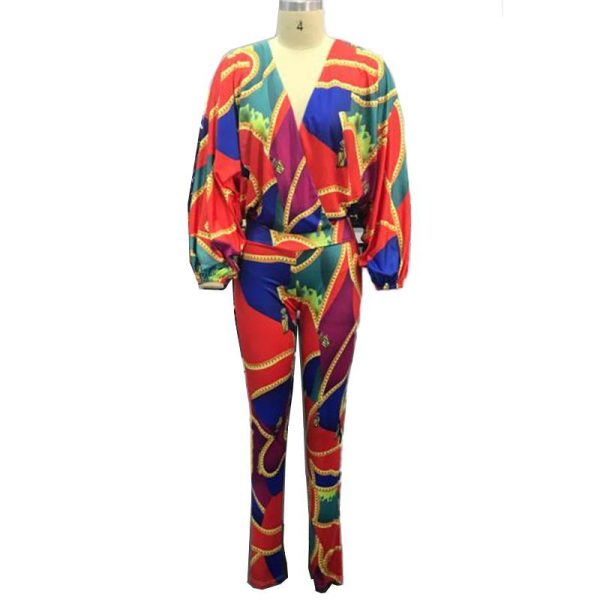 Colorblock print plunge casual jumpsuit For Women Autumn batwing sleeve rompers womens jumpsuit combinaison femme - Hplify