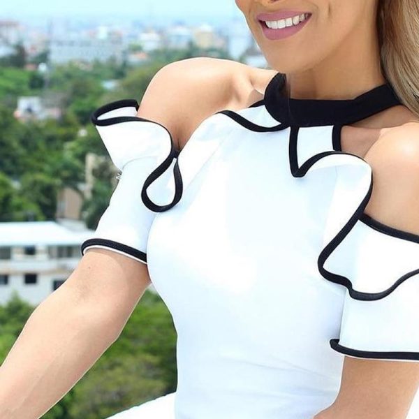 Contrast Binding Ruffles Cold Shoulder Blouse Shirt Women White Slim Blouse Elegant Short Sleeve Tops Femme Summer Halter Blusas - Hplify