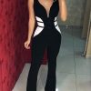Contrast color mesh insert jumpsuits for women Summer sleeveless sexy v neck long rompers womens jumpsuit Black overalls - Hplify