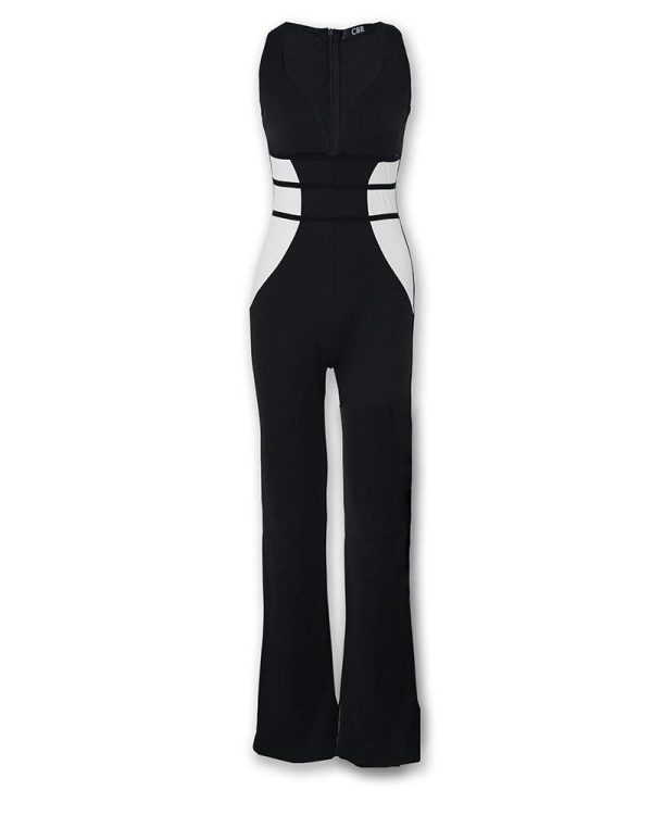 Contrast color mesh insert jumpsuits for women Summer sleeveless sexy v neck long rompers womens jumpsuit Black overalls - Hplify