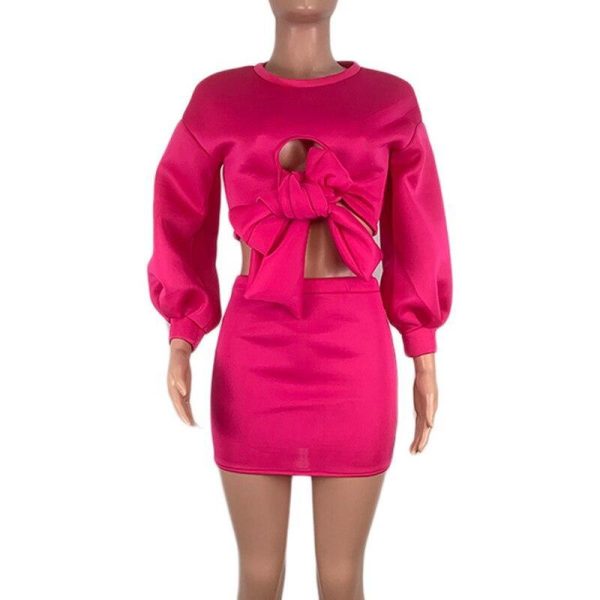 Crops Tops and Skinny Skirt Set Women Autumn 2019 Fashion Two Piece Set Party Outfits Front Bow Knot Tops Skirt Tracksuit - Hplify