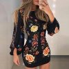 Cutout back latern sleeve bodycon dress Retro flower print mini women dress Summer Bishop Sleeve floral party vestidos - Hplify
