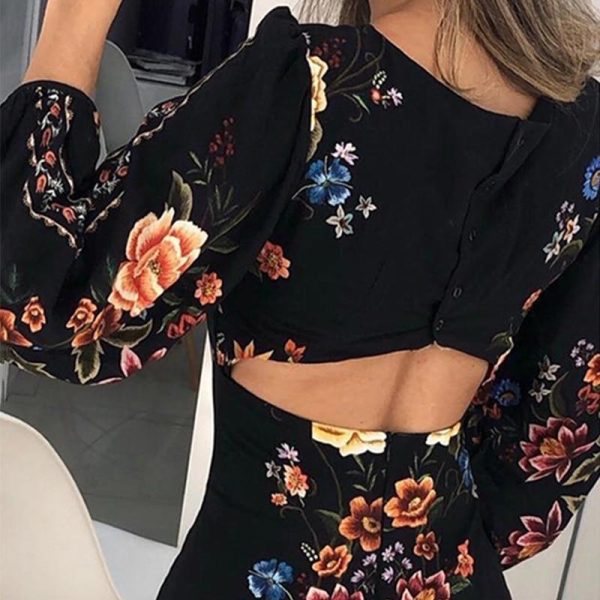 Cutout back latern sleeve bodycon dress Retro flower print mini women dress Summer Bishop Sleeve floral party vestidos - Hplify
