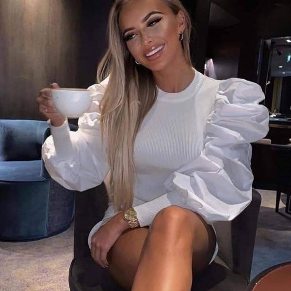 Elegant Puff Sleeve T Shirt Women Solid Color White Black Mock Neck Casual Tops Spring Blusa Feminino - Hplify