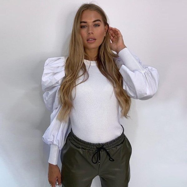 Elegant Puff Sleeve T Shirt Women Solid Color White Black Mock Neck Casual Tops Spring Blusa Feminino - Hplify