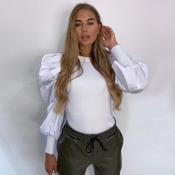 Elegant Puff Sleeve T Shirt Women Solid Color White Black Mock Neck Casual Tops Spring Blusa Feminino - Hplify