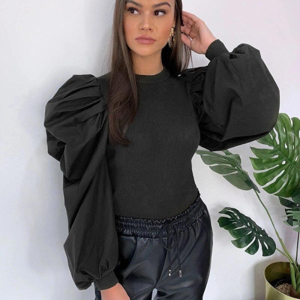 Elegant Puff Sleeve T Shirt Women Solid Color White Black Mock Neck Casual Tops Spring Blusa Feminino - Hplify