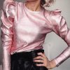 Elegant Puff Sleeve Tops T-shirt Women O-neck Puff Shoulder Long Sleeve Tshirt Slim Casual Solid Tops Office Work Blusa Femme - Hplify
