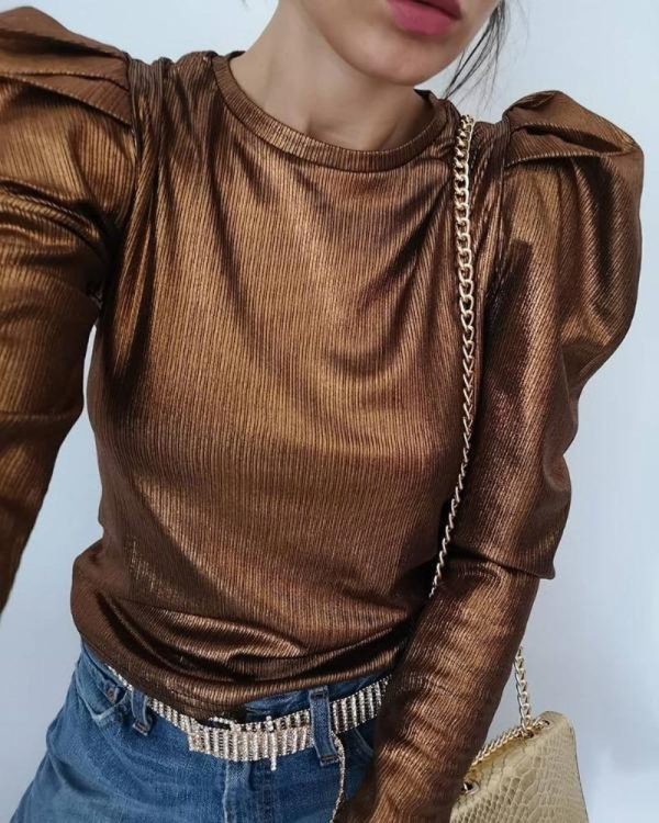 Elegant Puff Sleeve Tops T-shirt Women O-neck Puff Shoulder Long Sleeve Tshirt Slim Casual Solid Tops Office Work Blusa Femme - Hplify