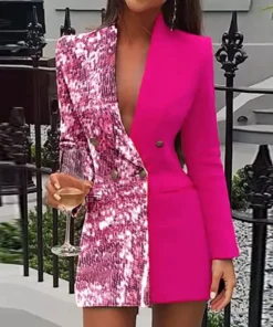 Women Sequined Patchwork Blazer Colorblock Sequins Long Sleeve Elegant Buttoned Turn Down Collar Office Coat