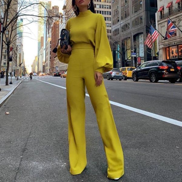 Elegant wide leg patns jumpsuit for women Solid color oen back rompers womens jumpsuit Long sleeve autumn Overalls - Hplify