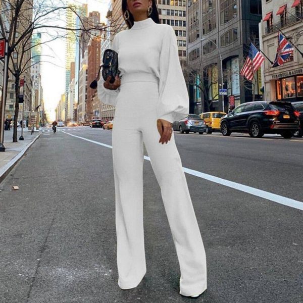 Elegant wide leg patns jumpsuit for women Solid color oen back rompers womens jumpsuit Long sleeve autumn Overalls - Hplify