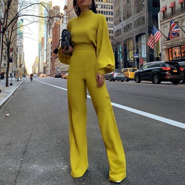 Elegant wide leg patns jumpsuit for women Solid color oen back rompers womens jumpsuit Long sleeve autumn Overalls - Hplify