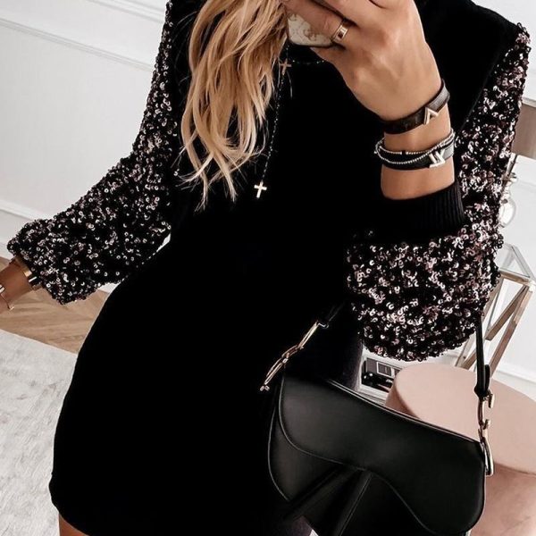 Embellished Sleeve Spliced Mini Dress Women Long Sleeve O Neck Casual Dress Winter Fashion Vestidos Streetwear - Hplify