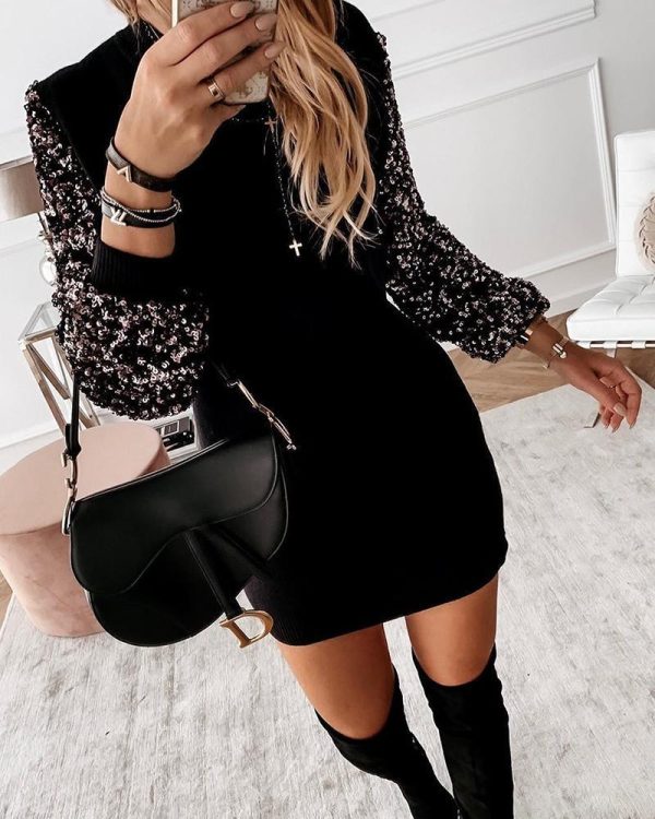 Embellished Sleeve Spliced Mini Dress Women Long Sleeve O Neck Casual Dress Winter Fashion Vestidos Streetwear - Hplify