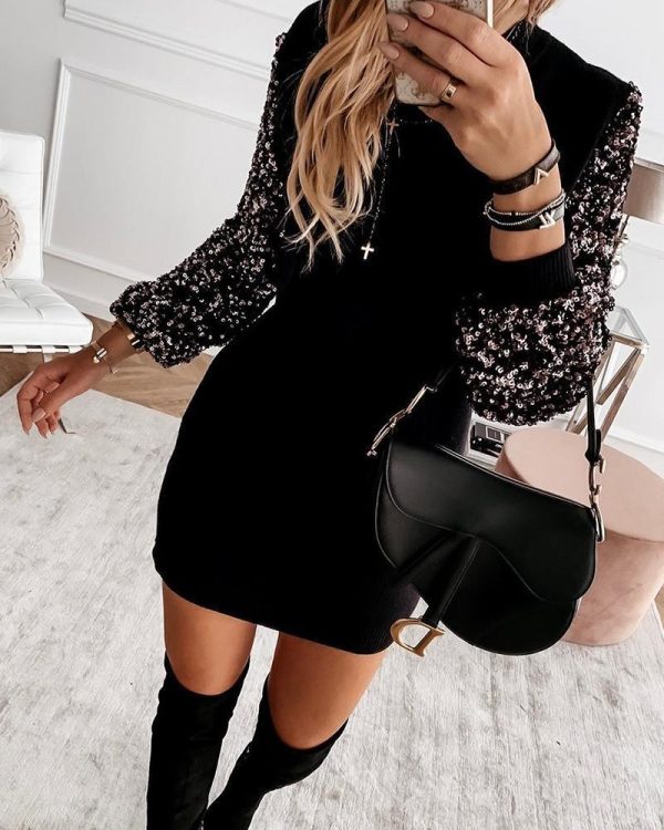 Embellished Sleeve Spliced Mini Dress Women Long Sleeve O Neck Casual Dress Winter Fashion Vestidos Streetwear - Hplify