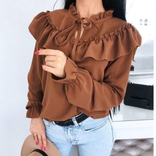 Fall Clothing Casual Tops Causal Long Sleeve Shirt Casual Round Neck Ruffled Long Sleeve Women Blouse Casual Tops - Hplify