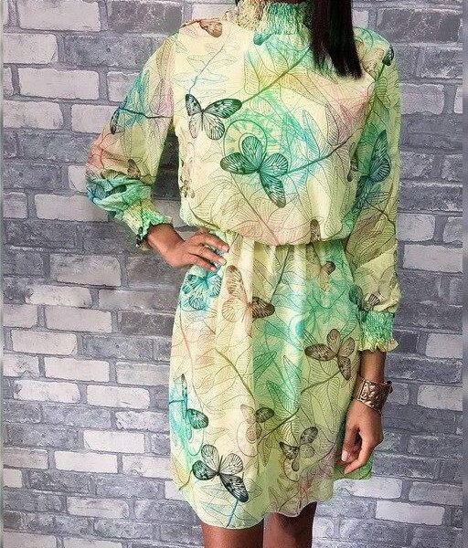 Fall Clothing Elegant Dress Casual Butterfly Printed Long Sleeve Eatic Waist Dress Women Dress Turtleneck Women Mini Dress - Hplify