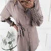Fall Clothing Long Sleeve Women Dress Casual Solid Color Turndowon Collar Lantern Sleeve Bandage Women Shirt Dress - Hplify