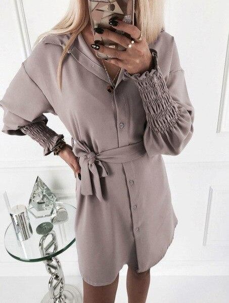 Fall Clothing Long Sleeve Women Dress Casual Solid Color Turndowon Collar Lantern Sleeve Bandage Women Shirt Dress - Hplify