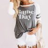 Fall Clothing Women Casual Round Neck Hollow Out GAME DAY Letter Printed Srtripe Long Sleeve Women Tshirt Casual Tops - Hplify
