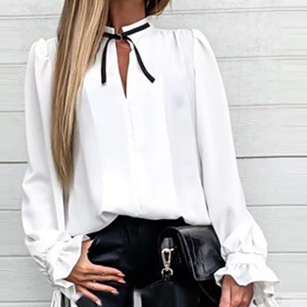 Falre Sleeve Tied Collar Shirt Long Sleeve Solid Sweet Tops Women New Slim Blouse Shirts - Hplify