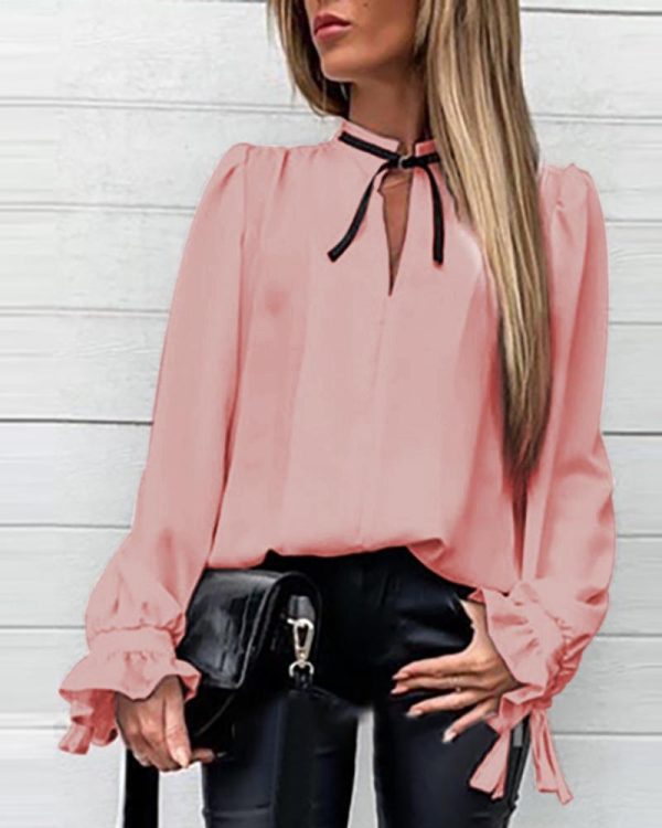 Falre Sleeve Tied Collar Shirt Long Sleeve Solid Sweet Tops Women New Slim Blouse Shirts - Hplify