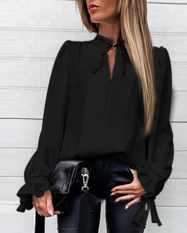 Falre Sleeve Tied Collar Shirt Long Sleeve Solid Sweet Tops Women New Slim Blouse Shirts - Hplify