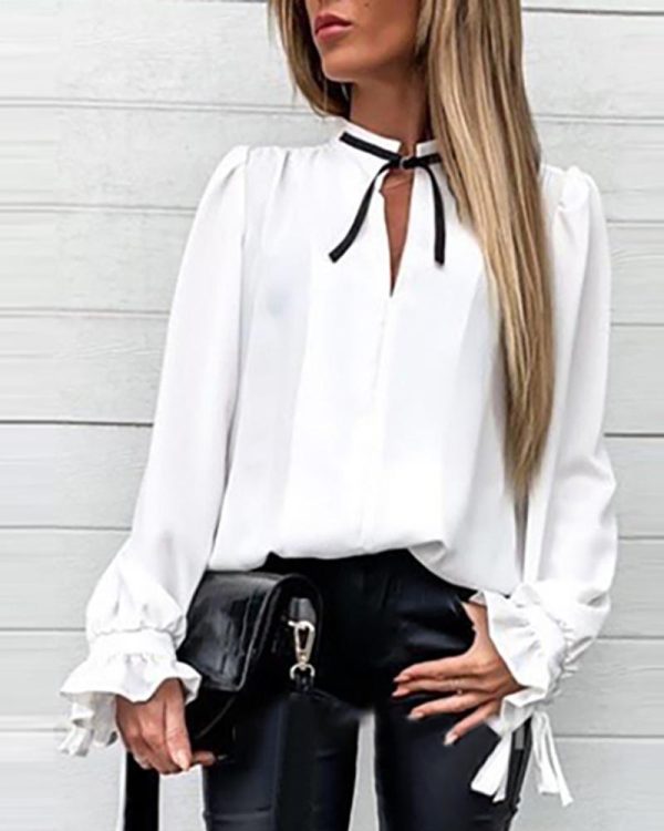Falre Sleeve Tied Collar Shirt Long Sleeve Solid Sweet Tops Women New Slim Blouse Shirts - Hplify