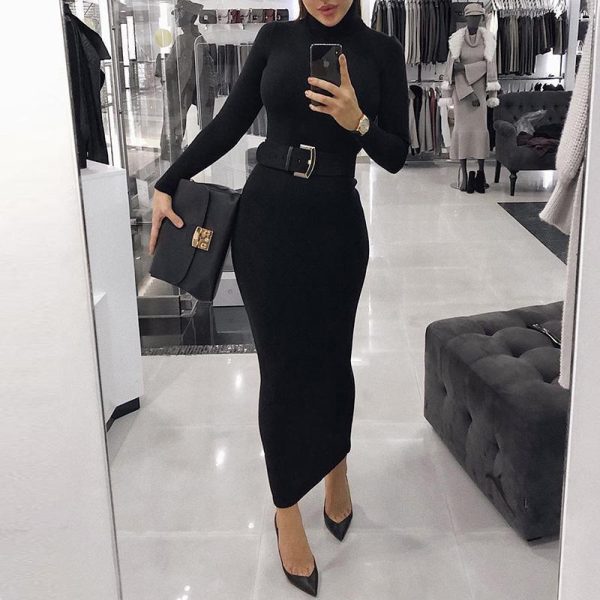 Fashion Autumn Women Turtleneck Long Sleeve Dress Solid Color Tight midi Dress Elegant slim fit high neck bodycon dresses - Hplify