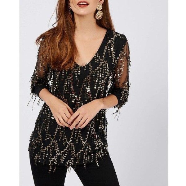 Fashion Black Long Sleeve Shirt Sexy V Neck T Shirt Women Sequined Tassel Tshirt Clothes Mesh Top Ladies Casual Slim Streetwear - Hplify