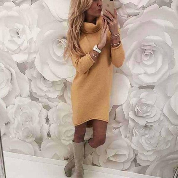 Fashion Casual Gray Yellow Loose Turtle Neck Women Elegant Women Dress Midi Dresses Long Sleeves Party Dress Club Dress - Hplify