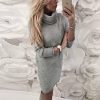 Fashion Casual Gray Yellow Loose Turtle Neck Women Elegant Women Dress Midi Dresses Long Sleeves Party Dress Club Dress - Hplify