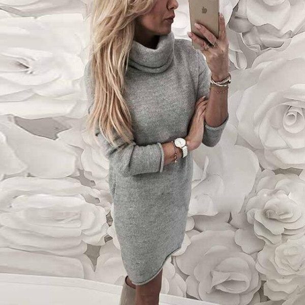 Fashion Casual Gray Yellow Loose Turtle Neck Women Elegant Women Dress Midi Dresses Long Sleeves Party Dress Club Dress - Hplify