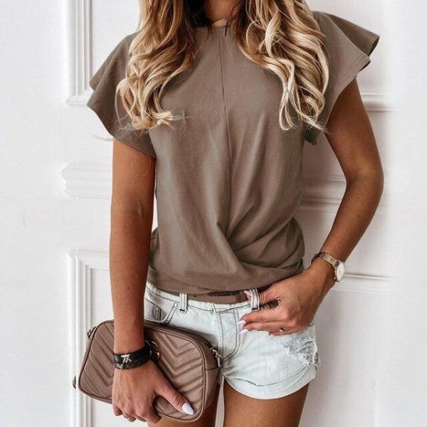 Fashion Casual Round Neck Solid Color Butterfly Sleeve Women Blouse Summer Short Sleeve Women Tops Office Wear Women - Hplify
