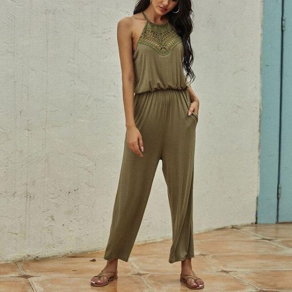 Fashion Casual Solid Color Halter Hollow Out Sleeveless Women Jumpsuit Summer Sleeveless Women Overalls Sexy Jumpsuit - Hplify