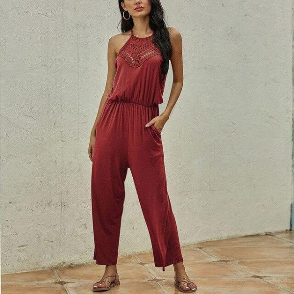 Fashion Casual Solid Color Halter Hollow Out Sleeveless Women Jumpsuit Summer Sleeveless Women Overalls Sexy Jumpsuit - Hplify
