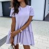 Fashion Casual Solid Color Round Neck Fuffled Short Sleeve Women Dress Casual Short Sleeve Women Dress Summer Dress Women - Hplify