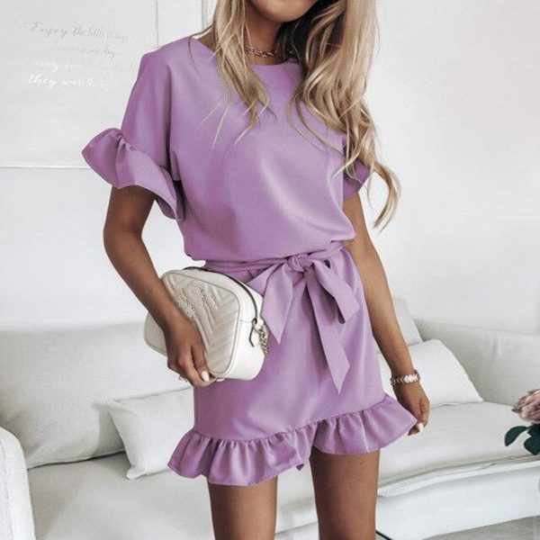 Fashion Casual Solid Color Round Neck Fuffled Short Sleeve lace up Women Dress Casual Short Sleeve Women Dress Summer Dress - Hplify