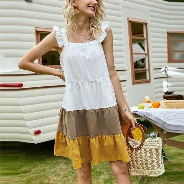 Fashion Casual Square Collar Ruffled Sleeveless Patchwork Loose Women Mini Dress Summer Dress Women - Hplify