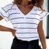 Fashion Casual Striped Printed V Neck Short Sleeve Women Summer Tshirt Casual Summer Petal Sleeve Women Tops  Women Tshirt - Hplify