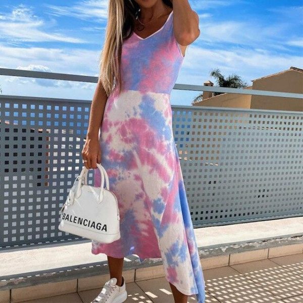 Fashion Casual Summer Sleeveless Tie Dye High Split Slim Women Dress Casual Women Summer Dress Sexy Women Dress Summer - Hplify