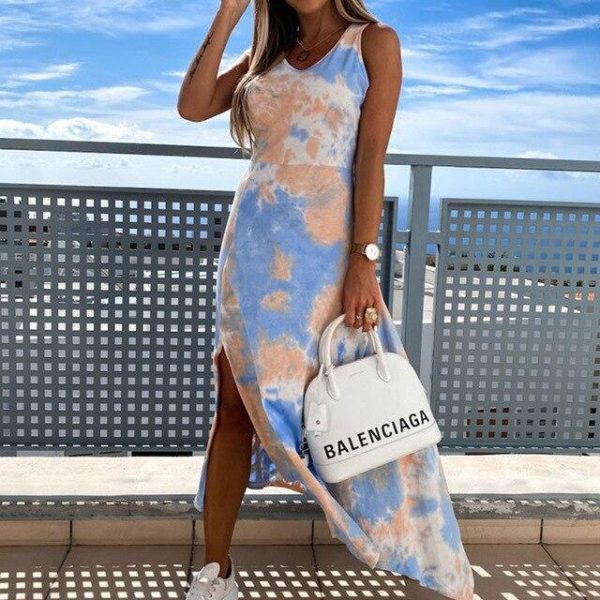 Fashion Casual Summer Sleeveless Tie Dye High Split Slim Women Dress Casual Women Summer Dress Sexy Women Dress Summer - Hplify