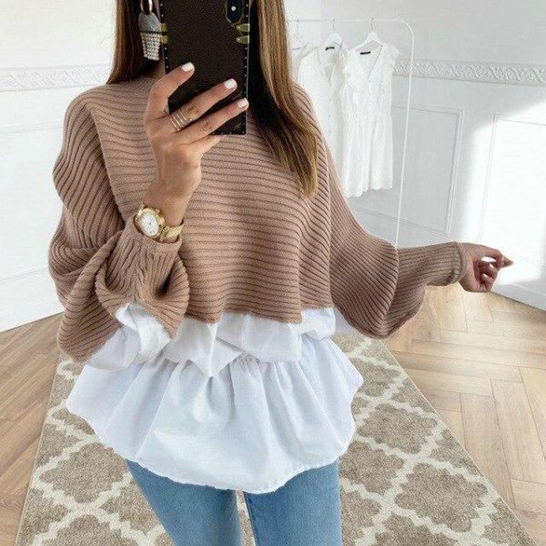 Fashion Long Sleeve Women Tops and Shirt Casual Round Neck Khaki Patchwork Ruffled Eastic Waist Women Tshirt - Hplify
