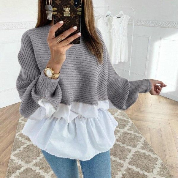 Fashion Long Sleeve Women Tops and Shirt Casual Round Neck Khaki Patchwork Ruffled Eastic Waist Women Tshirt - Hplify