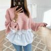 Fashion Long Sleeve Women Tops and Shirt Casual Round Neck Khaki Patchwork Ruffled Eastic Waist Women Tshirt - Hplify