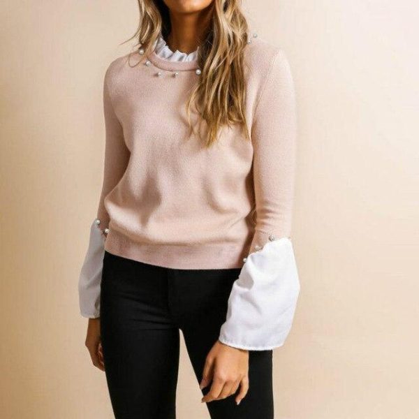 Fashion Long Sleeve Women Tops and Shirt Fall Clothing Sweetwear Casual Round Neck Beading Patchwork Flare Sleeve Women Blouse - Hplify