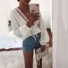 Fashion Sexy Low Cut Lace Patchwork Elastic Waist Solid Color Long Sleeve Women Blouse Sexy Lantern Sleeve Sexy Tops - Hplify