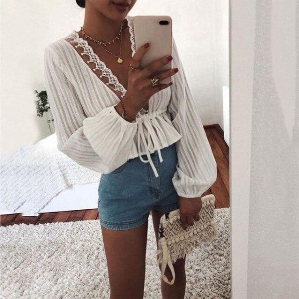 Fashion Sexy Low Cut Lace Patchwork Elastic Waist Solid Color Long Sleeve Women Blouse Sexy Lantern Sleeve Sexy Tops - Hplify